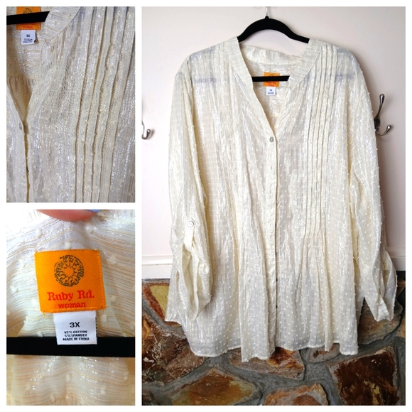Ruby Rd. Tops - Ruby Rd. Women's Roll Sleeve Cream Shimmer Plus Size Blouse 3X